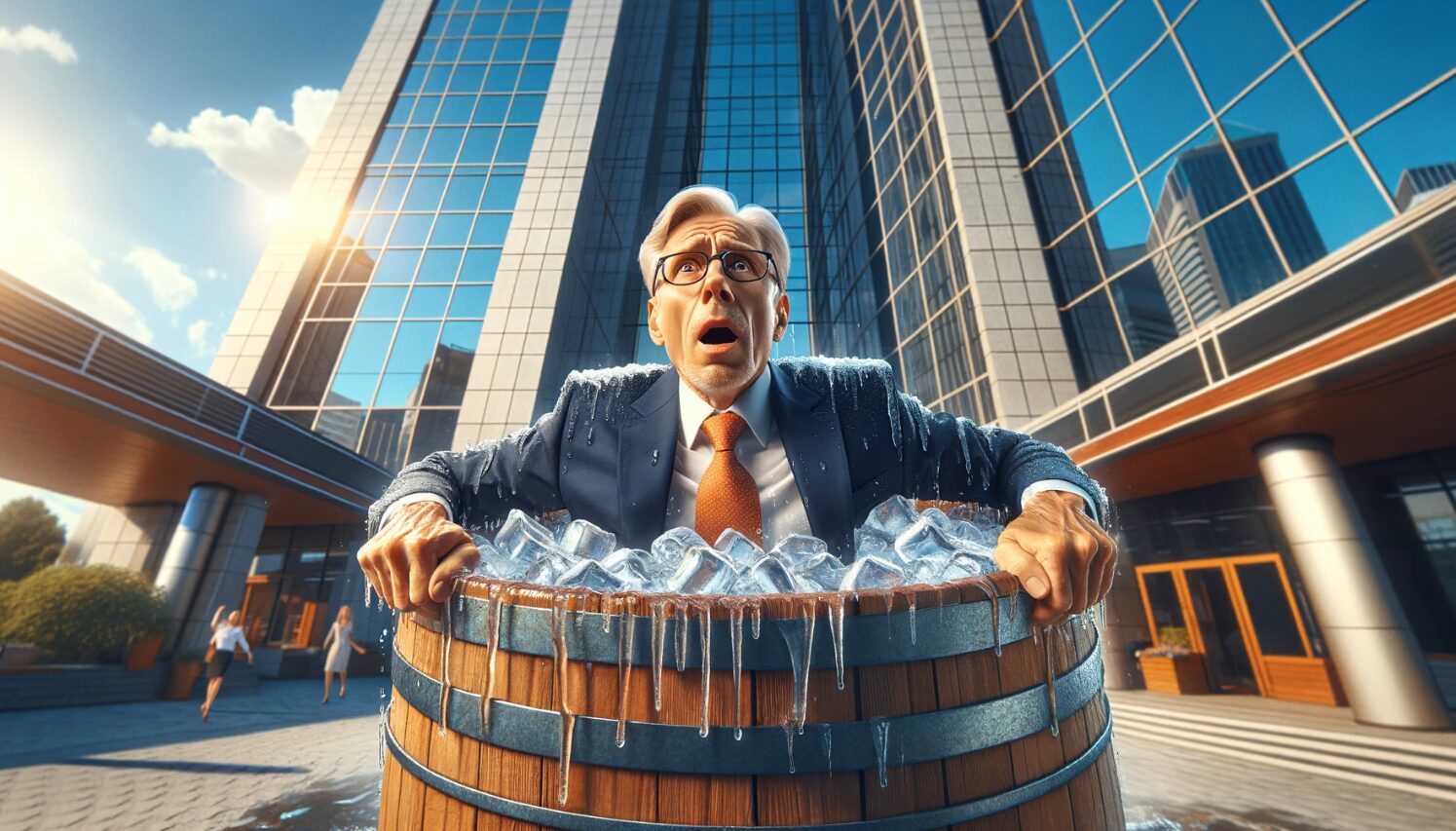 A man in a suit sits in a bucket of ice in front of a skyscraper doing a cold plunge.